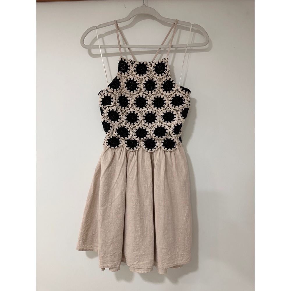 La February Crochet Bodice Mini Dress Womens Size S Beige Black | Boho Festival